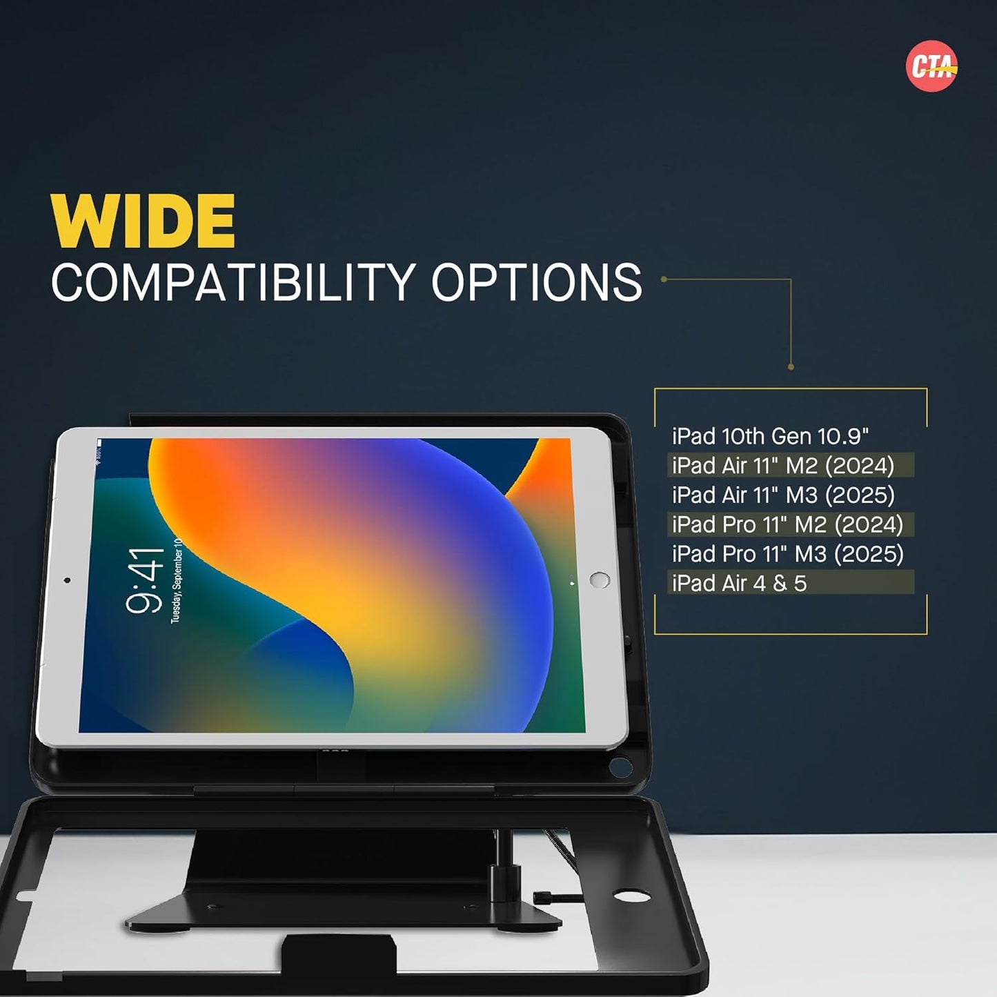Desktop Anti-Theft Stand – CTA Kiosk Stand with Stylus, Tether, and Aluminum Enclosure for iPad (Gen 2-6), Air (Gen 1 & 2), & Pro 9.7 - Black (PAD-DASB)