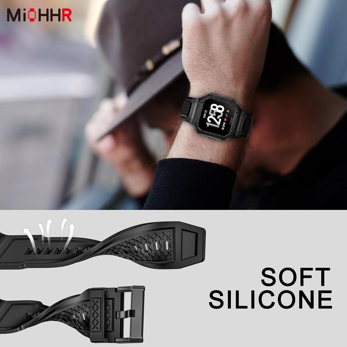 MioHHR Stainless Steel Case and Band Compatible with Fitbit Versa 4/3/2/Lite/Sense/Sense 2 Bands with Metal Case, Rugged Sports Protector Cover Silicone Wristbands for Men, Black