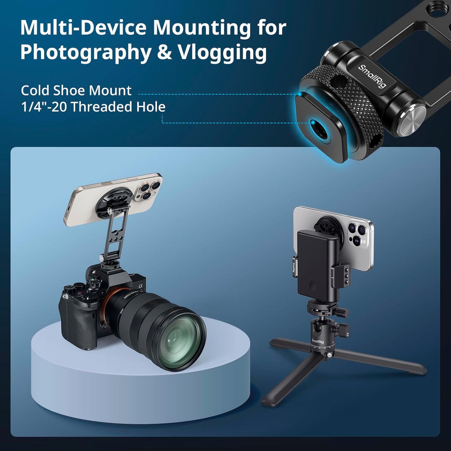 SMALLRIG Magnetic Metal Phone Mount with Cold Shoe Mount, Adjustable Rotatable Phone Tripod Holder Adapter for iPhone 17/16/15, Camera Monitoring, Tripods, Stabilizers - 5156