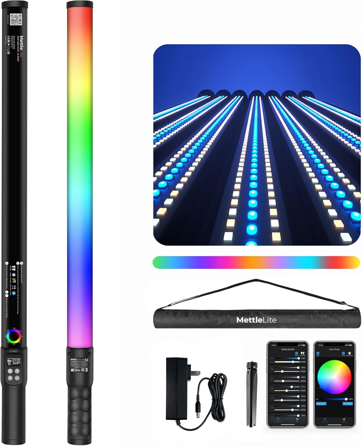 Mettlelite LS800C RGB Light Stick and Mettlelite SPL420C LED Video Light Full Color Video Light with APP Control 2800K-8000K CRI96 TLCI97 RGB CCT HSI Mode LED Light Bundle