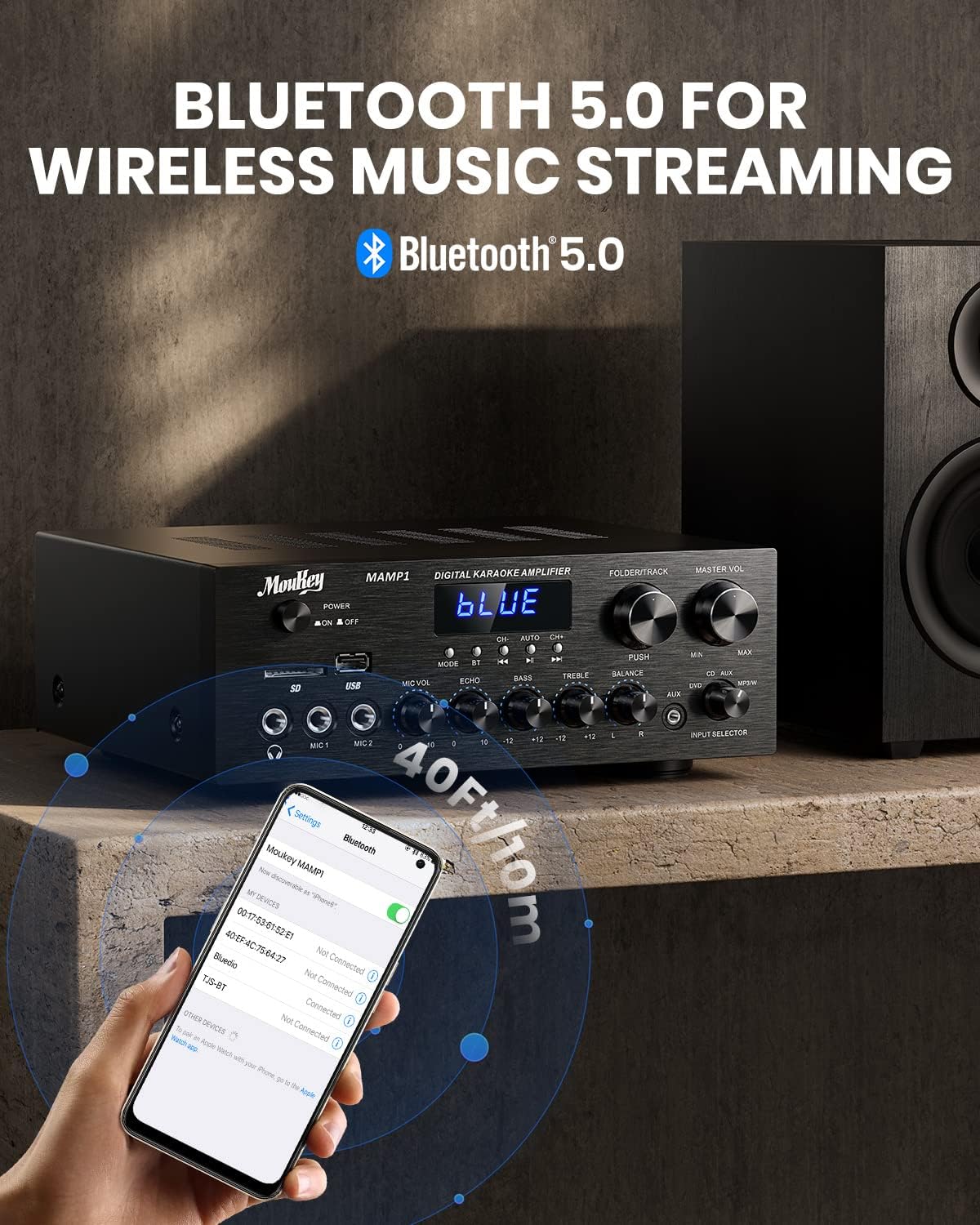 Moukey Stereo Receivers with Bluetooth 5.0, 400W 2.0 Channel Power Audio Amplifier Stereo System w/USB, SD, AUX, RCA, MIC in w/Echo, LED for Karaoke, Home Theater Speakers - MAMP1