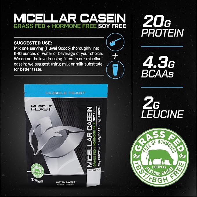 Muscle Feast Micellar Casein Protein, All Natural Pasture Raised Hormone Free Soy Free, Unflavored, 2lb