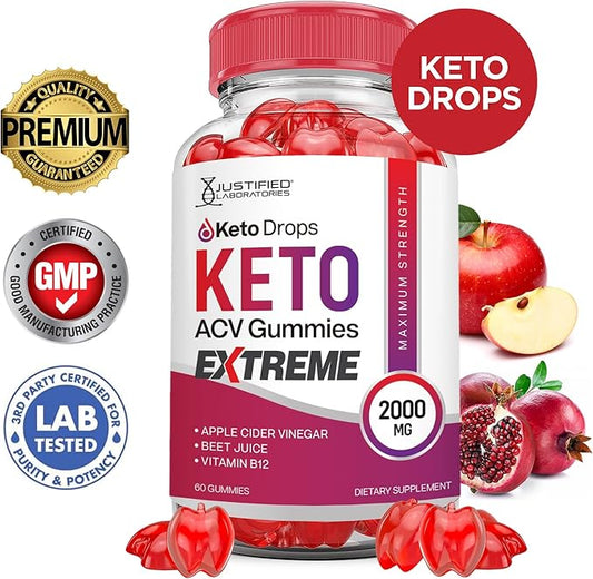 (2 Pack) Keto Drops Keto ACV Gummies Extreme 2000MG Keto Drops Keto Gummies Advanced Formula Apple Cider Vinegar with Pomegranate Beet Juice Powder B12 Vegan Non GMO 120 Gummys