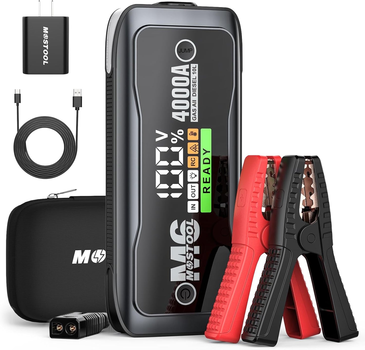 MOSTOOL M6 4000A Jump Starter with Smart HD Display, 12V Portable Jump Box & Car Battery Booster Pack with Quick Charge DC/Type C Port, Jumper Clamps LED Light - for All Gas & Up to 10.0L Diesel