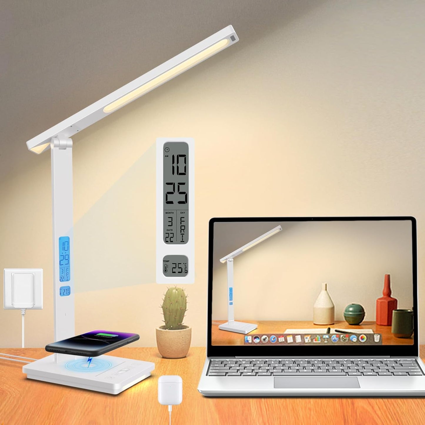 10 in 1 Smart Desk Lamp Led, Desk Light for Colleage Drom Room Office, Eye-Caring Table Lamp with Night Light, Lamp for Desk with 10W Wireless Charger, Dimmable Touch Lamp, Birthday Gifts for Women