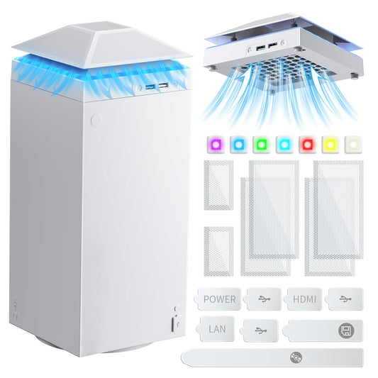 Cooling Fan Dust Proof for Xbox Series X Console with Colorful Light Strip,Dust Cover Filter,Rubber Dust Plugs,Low Noise Top Fan with 3 Gears,Cooler&Light Independent Touch Switch, 2 USB Port (White)