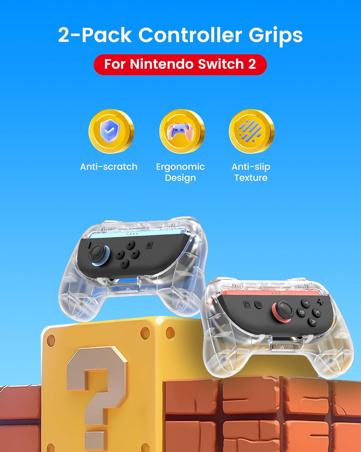 TRANSNOVO Hand Grips for Switch 2，Wear-Resistant Switch Accessories Controller Grips for JoyCon，2 Pack Comfort Handles (Transparent)