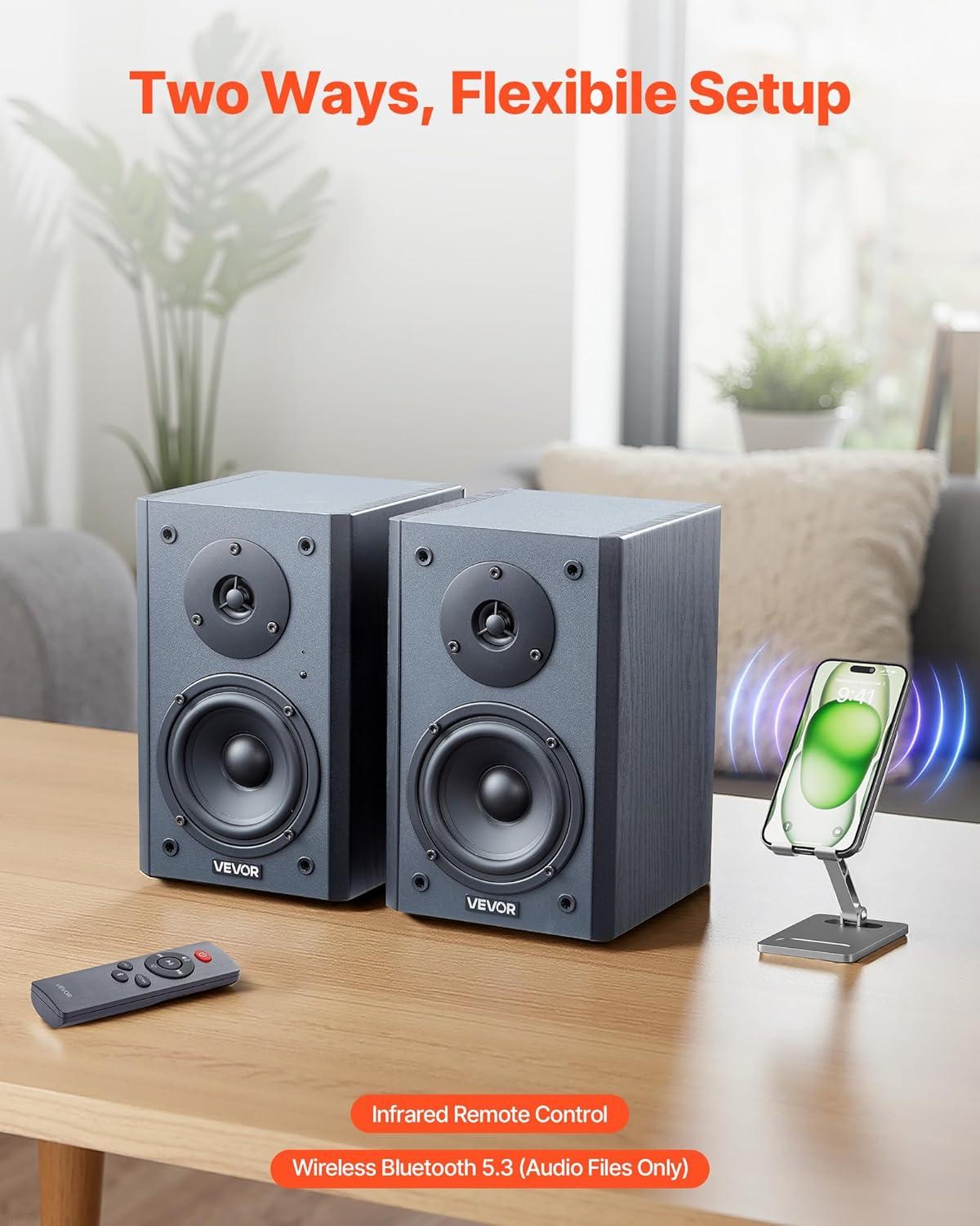 VEVOR Powered Bookshelf Speakers, 20W x 2, Active Studio Monitor Speaker with 4 Inch Woofer, Adjustable Volume and Audio with Bluetooth Optical Connection, Wooden Enclosure, for Record Player PC TV