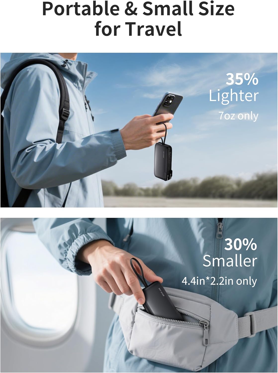 1 Pack Portable Charger with Built-in USB-C Cable & Plug, 10,000mAh 5V/4.5A Power Bank Fast Charging 22.5W, Travel Essential Battery Pack 3 Output for iPhone 16/15 Series, Samsung Galaxy, iPad