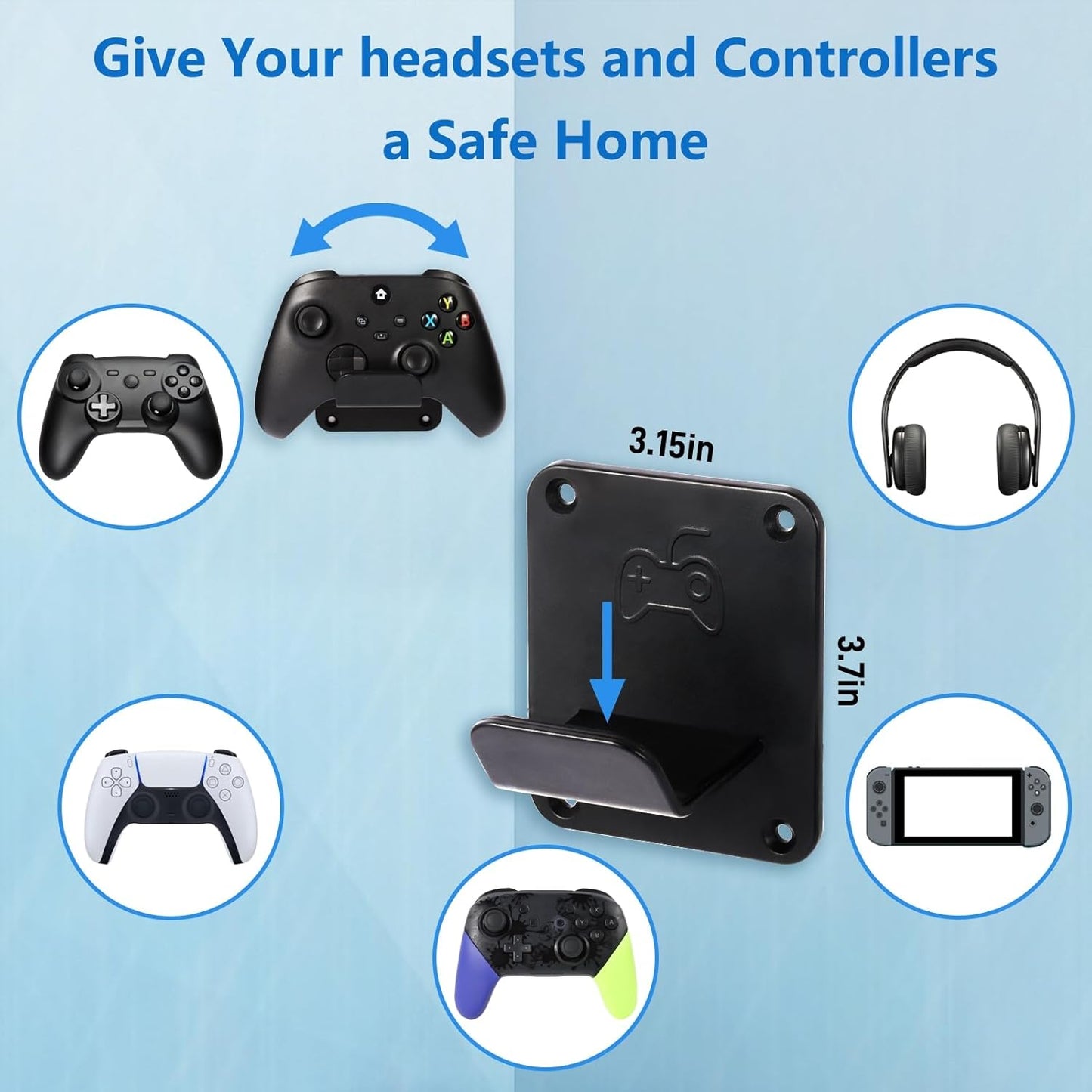 Controller Holders Wall Mount 3 Pack Wall Stands With Non-Slip Pads, Premium Headphone Mount for Controllers and Headsets, Black, YCKJ-WM-01