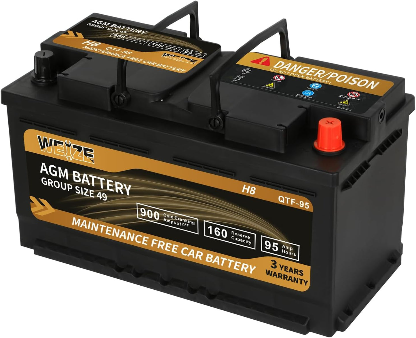 Weize Platinum AGM Battery BCI Group 49-12v 95ah H8 Size 49 Automotive Battery, 160RC, 900CCA, 36 Months Warranty, Dimensions 13.9" L x 6.89" W x 7.48" H