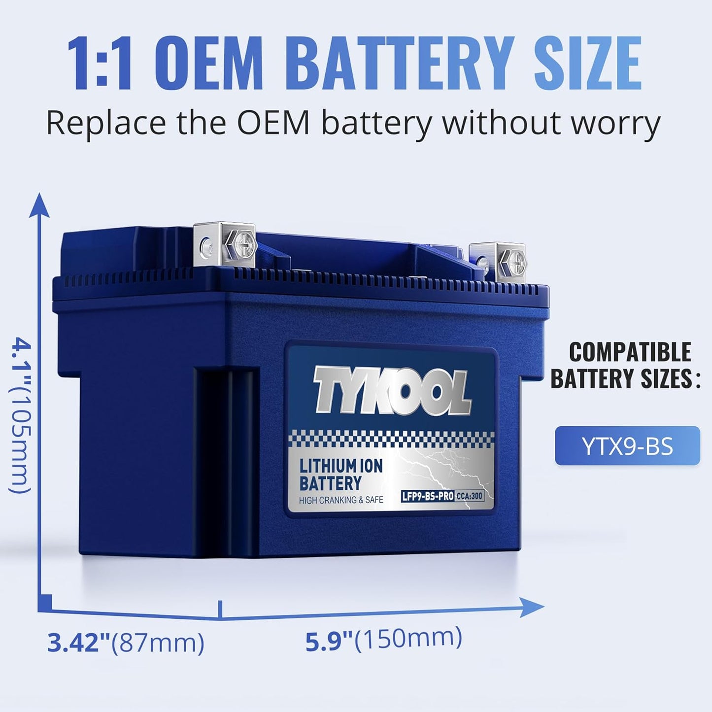 TYKOOL YTX9-BS-PRO,3X Cranking Amps,5X Life, Lithium LiFePO4 Motorcycle Battery,300 CCA,Powersports Battery,Fits for ATV,UTV,Scooter,Riding Lawn Mower,Honda eu3000is,400ex,Predator Generator