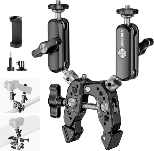 NEEWER Heavy Duty Super Clamp with Two 360° Dual Ball Head Magic Arms, 1/4" 3/8" Screw Threads, Phone & Action Camera Mount Adapter for Flat/Round Surface Compatible with GoPro DJI Insta360 DSLR