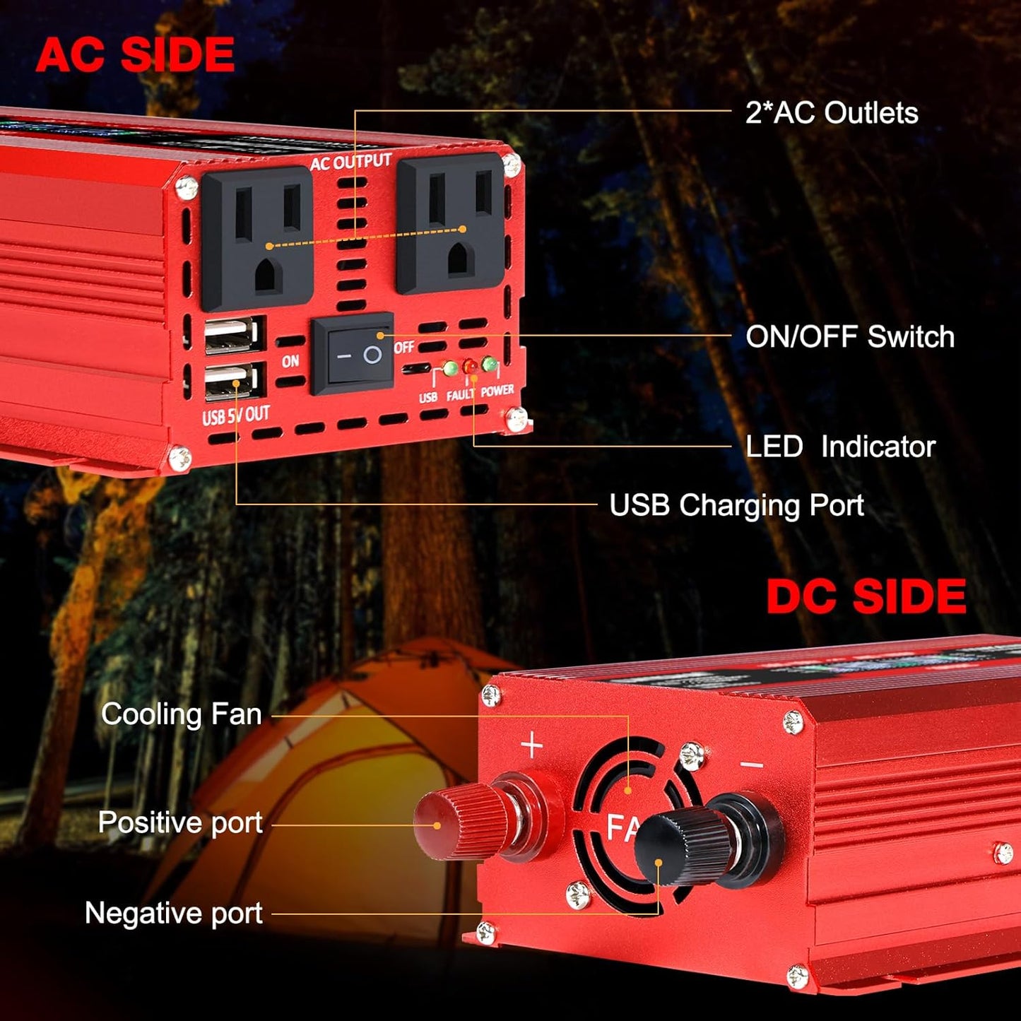 LVYUAN 500W Car Power Inverter 12V to 110V DC to AC with 2 US Sockets, Cigarette Lighter, LCD Display, USB Ports for Car, Home,Outdoor, Camping