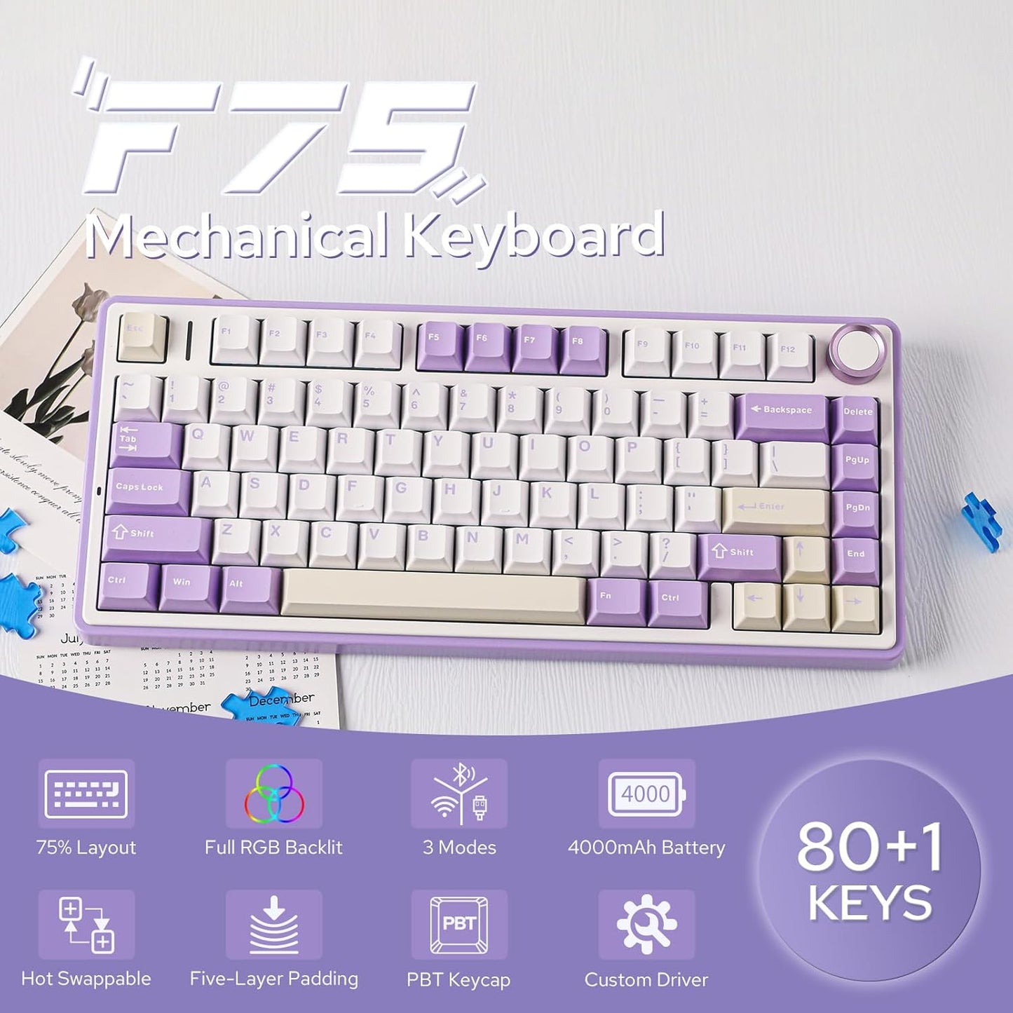 EPOMAKER x Aula F75 Gasket Mechanical Keyboard, 75% Wireless Hot Swappable Gaming Keyboard with Five-Layer Padding&Knob, Bluetooth/2.4GHz/USB-C, RGB (Purple, LEOBOG Reaper Switch)