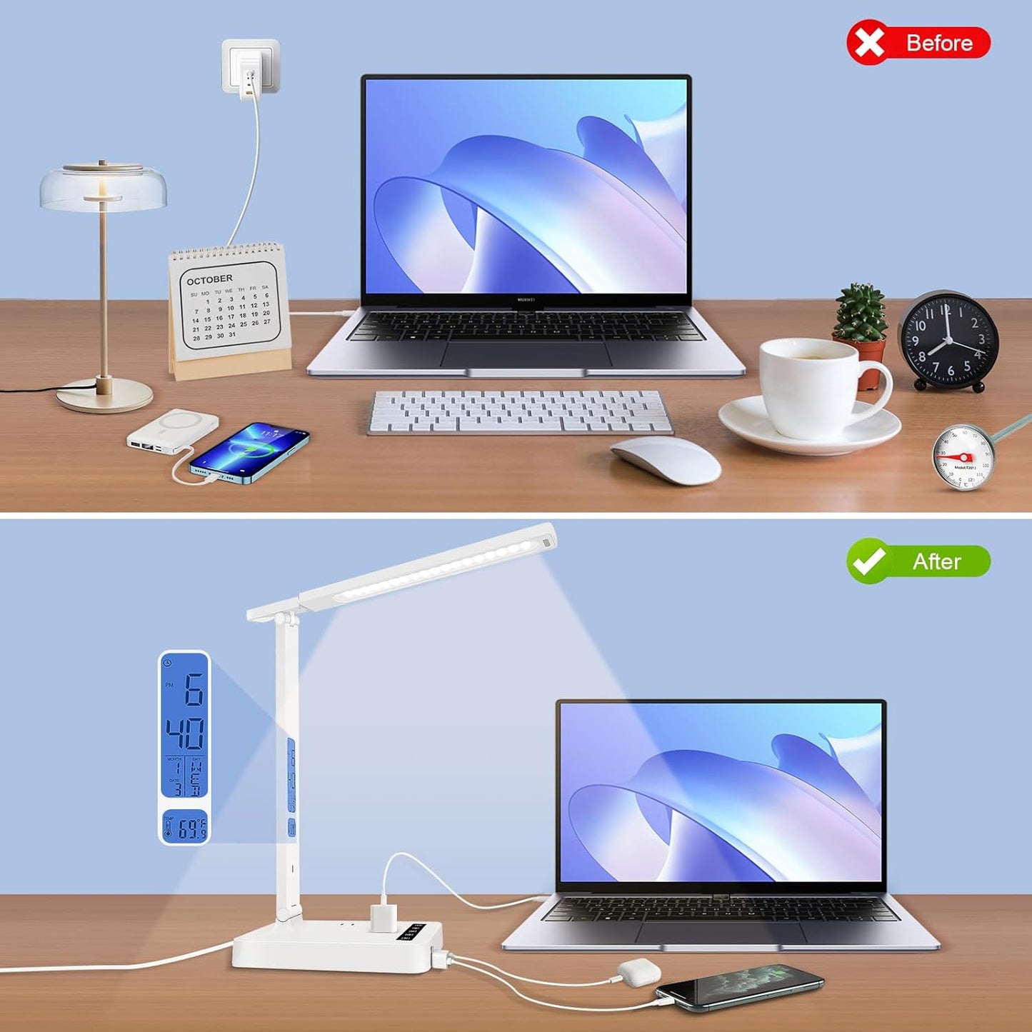 karidi Smart Desk Lamp with Digital Clock, 4-in-1 Charging Station (2 AC Outlets, Type-C, USB-A Ports), Temperature Display, 5 Color & Brightness Settings, Ideal for Offices & Bedrooms