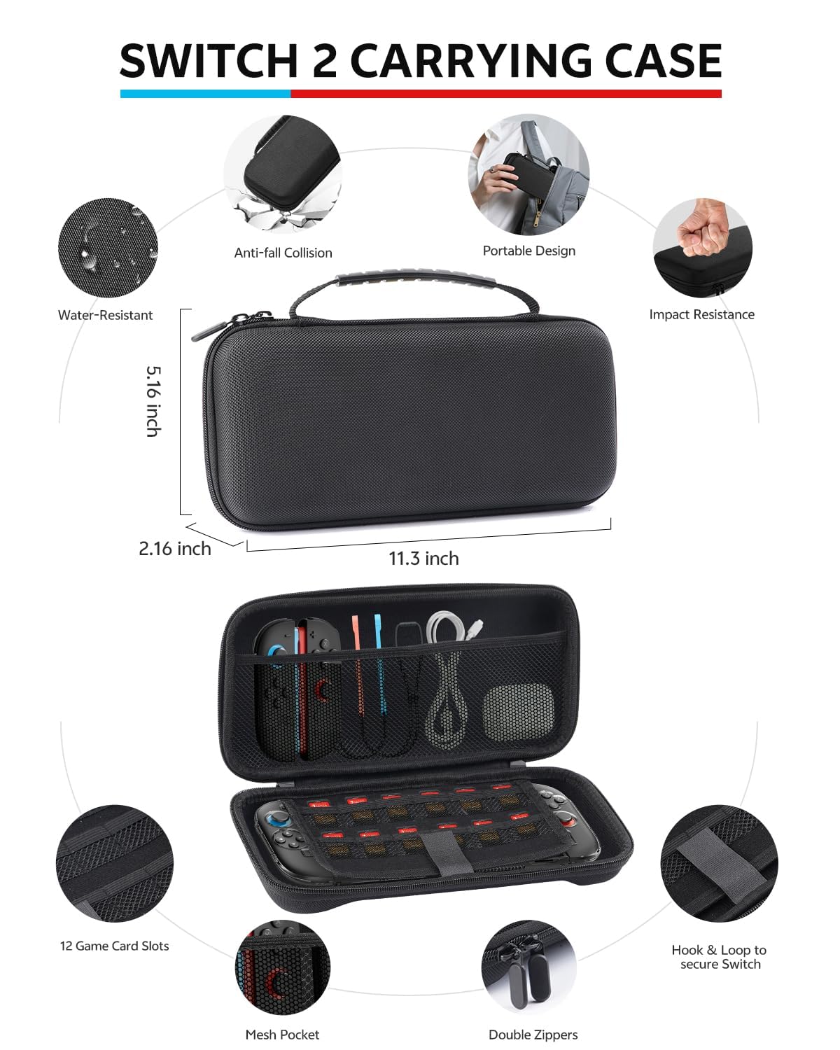 Switch 2 Accessories Bundle for Nintendo, 16-in-1 Game Kit: Carrying Case, Screen Protectors with Alignment Frame, Steering Wheels, Grips for Joycon Controller, Dockable Console Protective Cover Shell