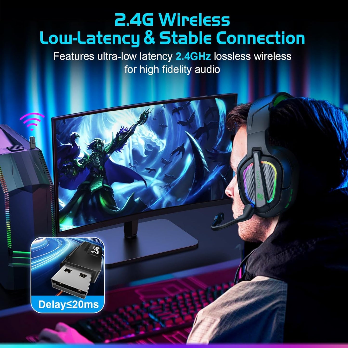 FC200 Wireless Gaming Headset for PS5, PS4-2.4GHz USB Foldable Headphones with Mic - 3D Stereo Bluetooth Headset with 50Hrs Battery Life, for Switch, PC, Mac, Mobile