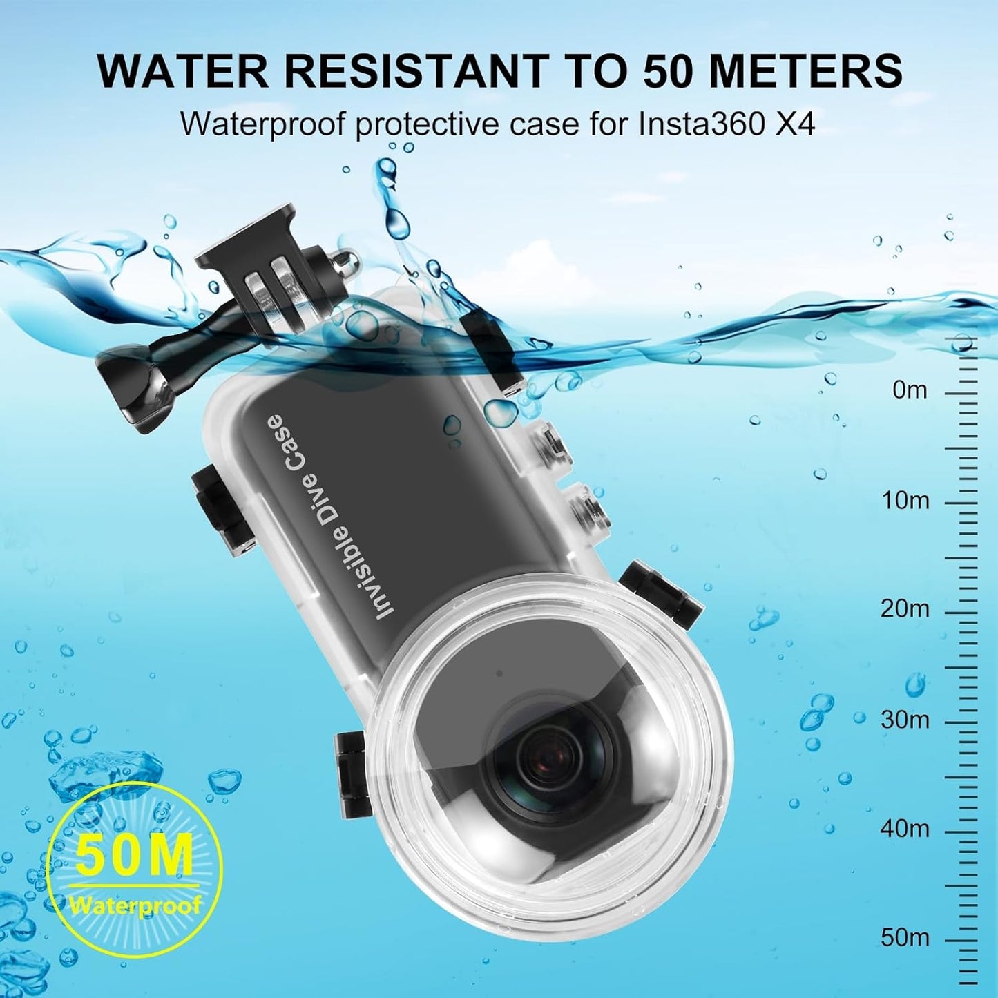 Invisible Dive Case for Insta360 X4, FotStdio Insta 360 X4 Waterproof Case 50m/164ft Underwater Diving Housing Cover Protective Sealed Shell Photography Housings Action Camera Accessories