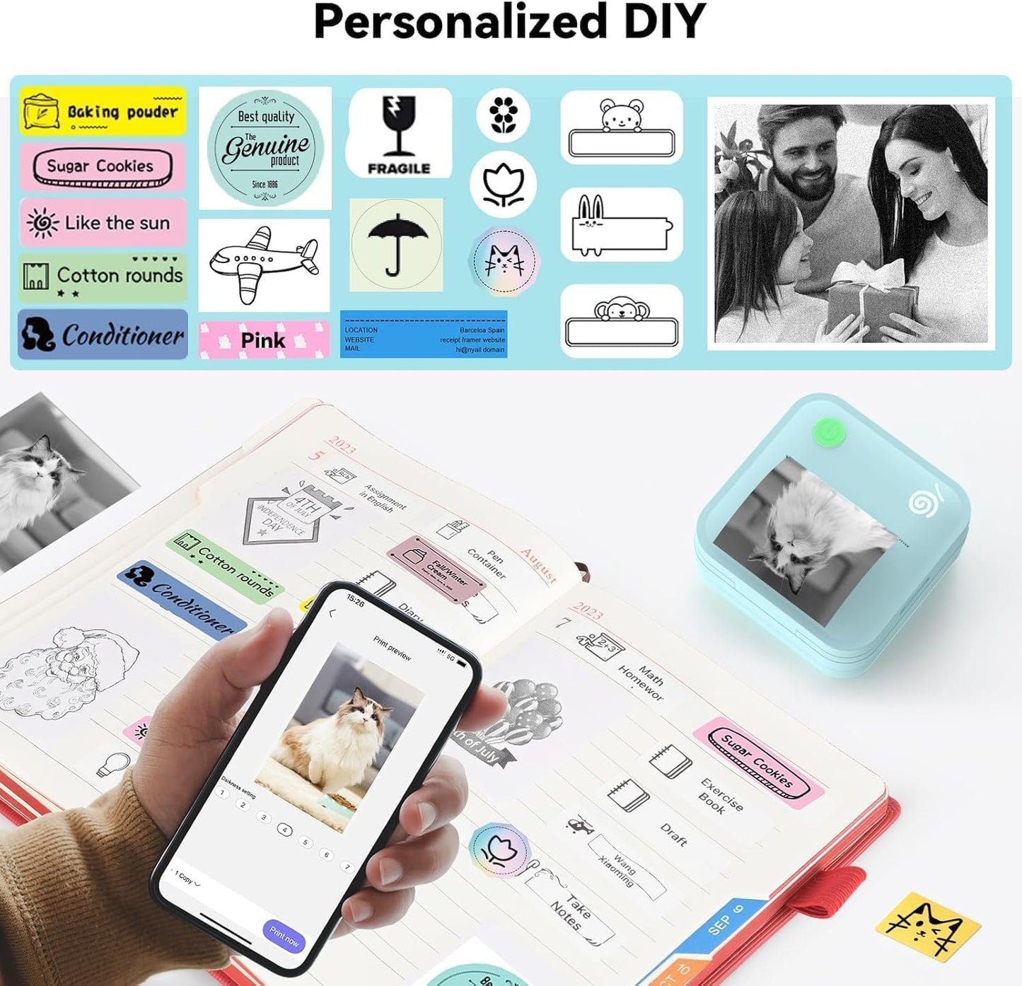 Label Maker Machine - Portable Bluetooth Mini Label Printer - Smartphone Handheld Thermal Sticker Small Labeler Multiple Templates Font Icon Inkless Custom Label for Home Kids School Items