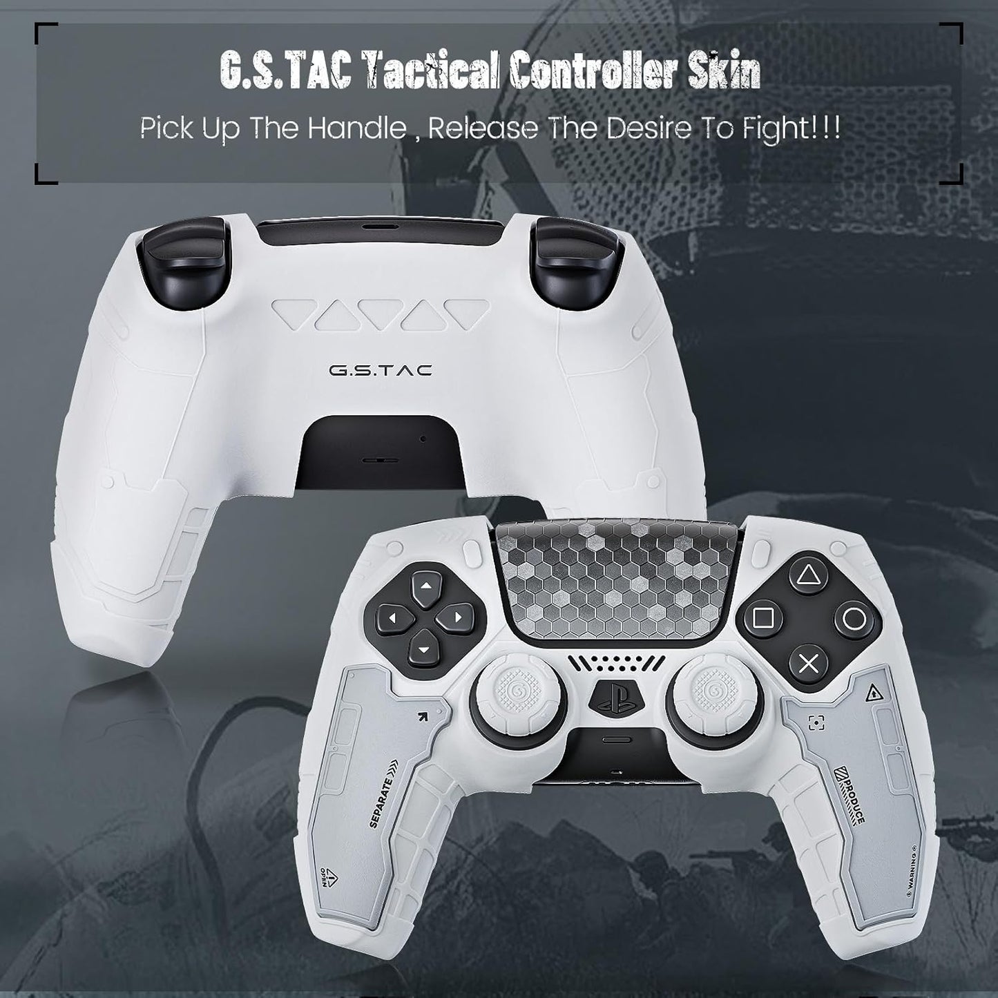 Geekshare G.S.TAC Tactical Compatible with PS5 Controller Skin Set, Tactical Silicone Cover for PS5 Wireless Controller with 2 Thumb Grips & 2 Stickers for Monster Hunter Wilds - White