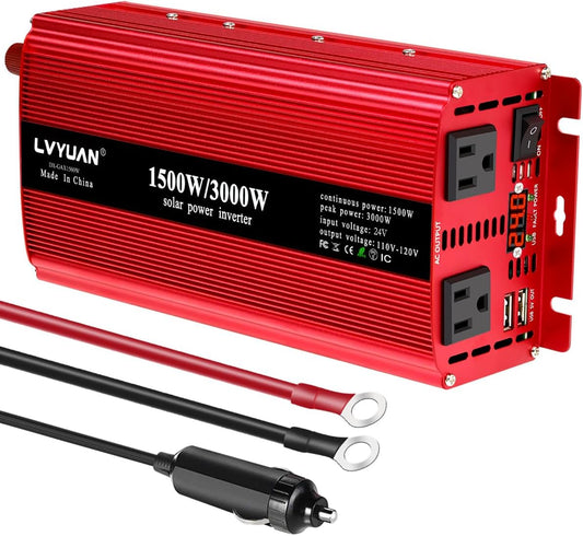 LVYUAN 1500W Car Power Inverter 24V to 110V DC to AC with 2 US Sockets, Cigarette Lighter, LED Display, USB Ports for Car, Home,Truck, Outdoor, Camping