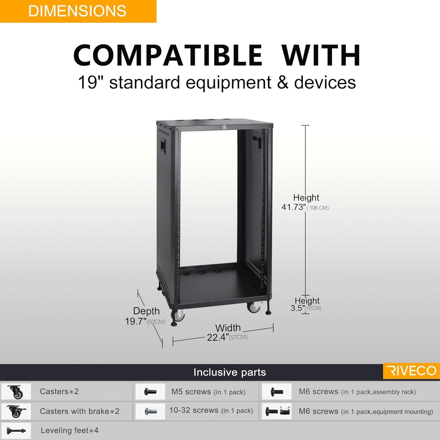 RIVECO POMU 22U Stereo & Server Rack with Caster Wheels, Rolling Network Cabinet, Open Frame Rack for 19-inch Audio Video Music Recording & IT Equipment, Obtuse Angel, Lifting Handle