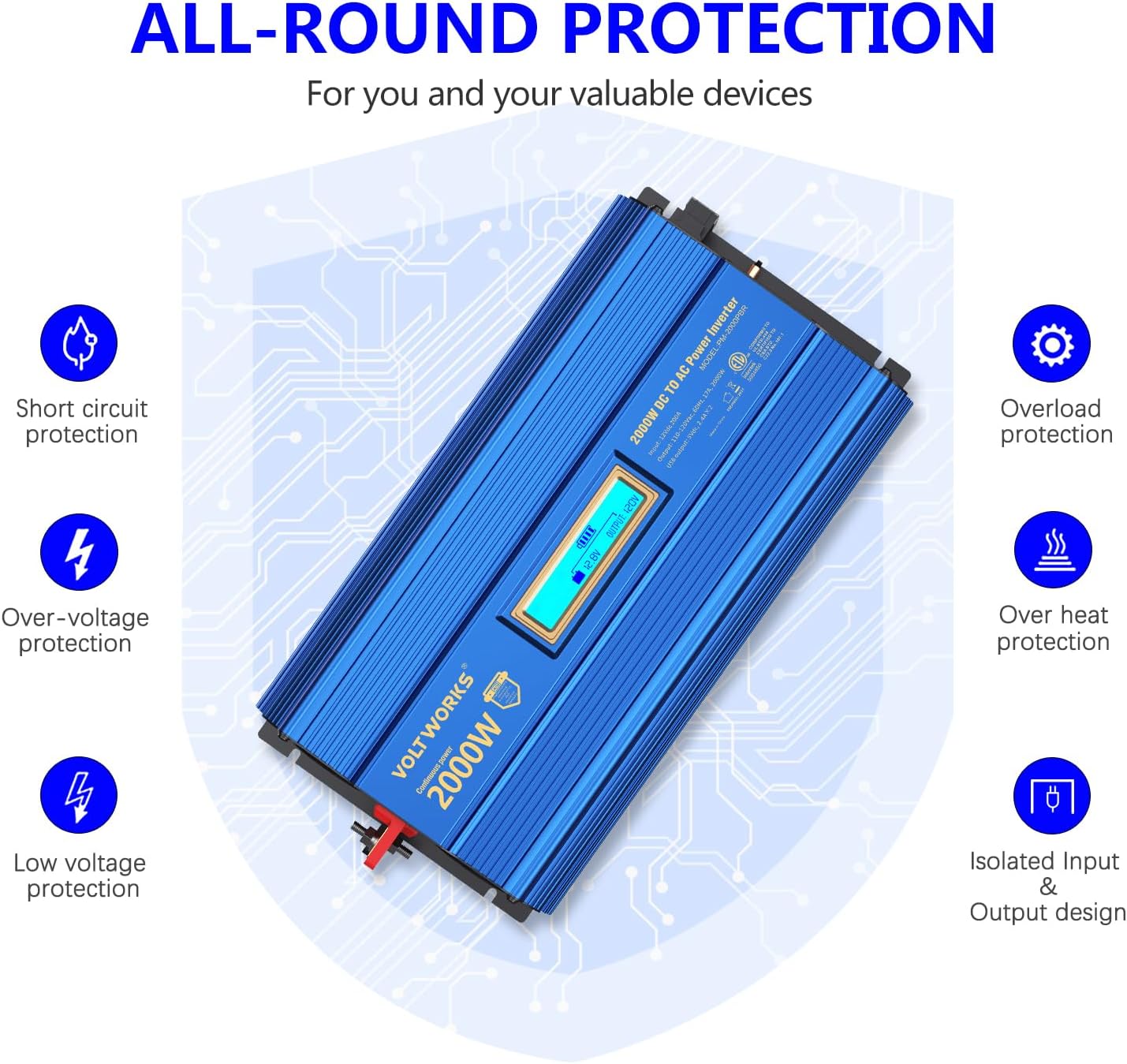 Power Inverter 2000w DC 12V to AC 120V ETL UL458 Compatible with Lithium Battery for Off-Grid Solar Car RV Truck Boat with LCD Display Remote Control 2 AC Outlets Dual 2.4A USB Ports by VOLTWORKS