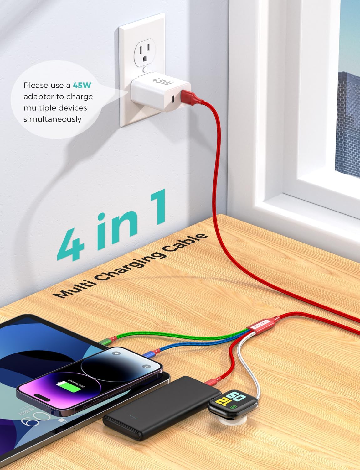 Travel Essentials Multi Charging Cable for Watch Charger 4 in 1 Fast Charger Camping Essentials USB C/L/Micro Compatible with Watch Series 10-1/SE/Ultra Phone 16 15/Galaxy Android-4FT/Red