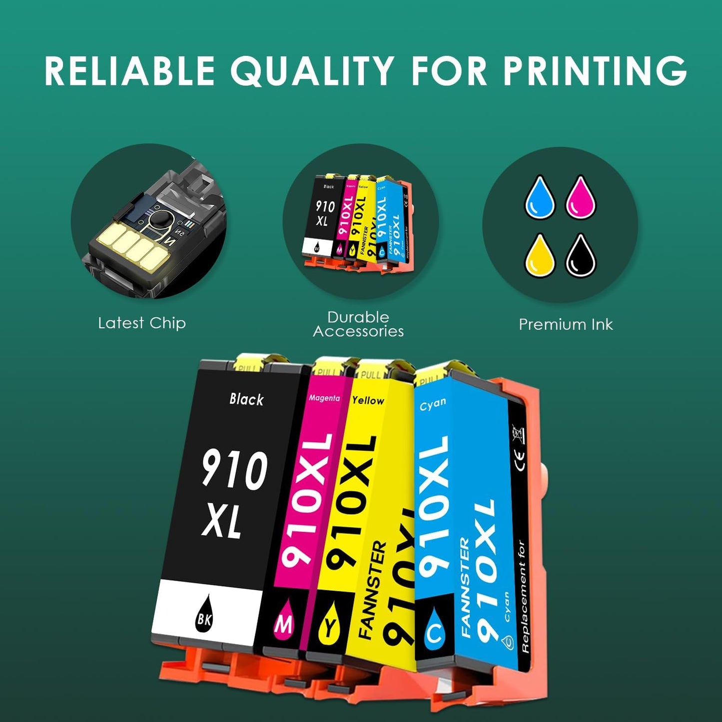 910 XL Ink Compatible with HP 910XL Ink Cartridges Combo Pack, 910XL Ink Cartridges for OfficeJet Pro 8010 8020 Series, Pro 8020, 8030 Series Printer 3JB41AN 4-Pack (BK/C/M/Y, 4 Pack)