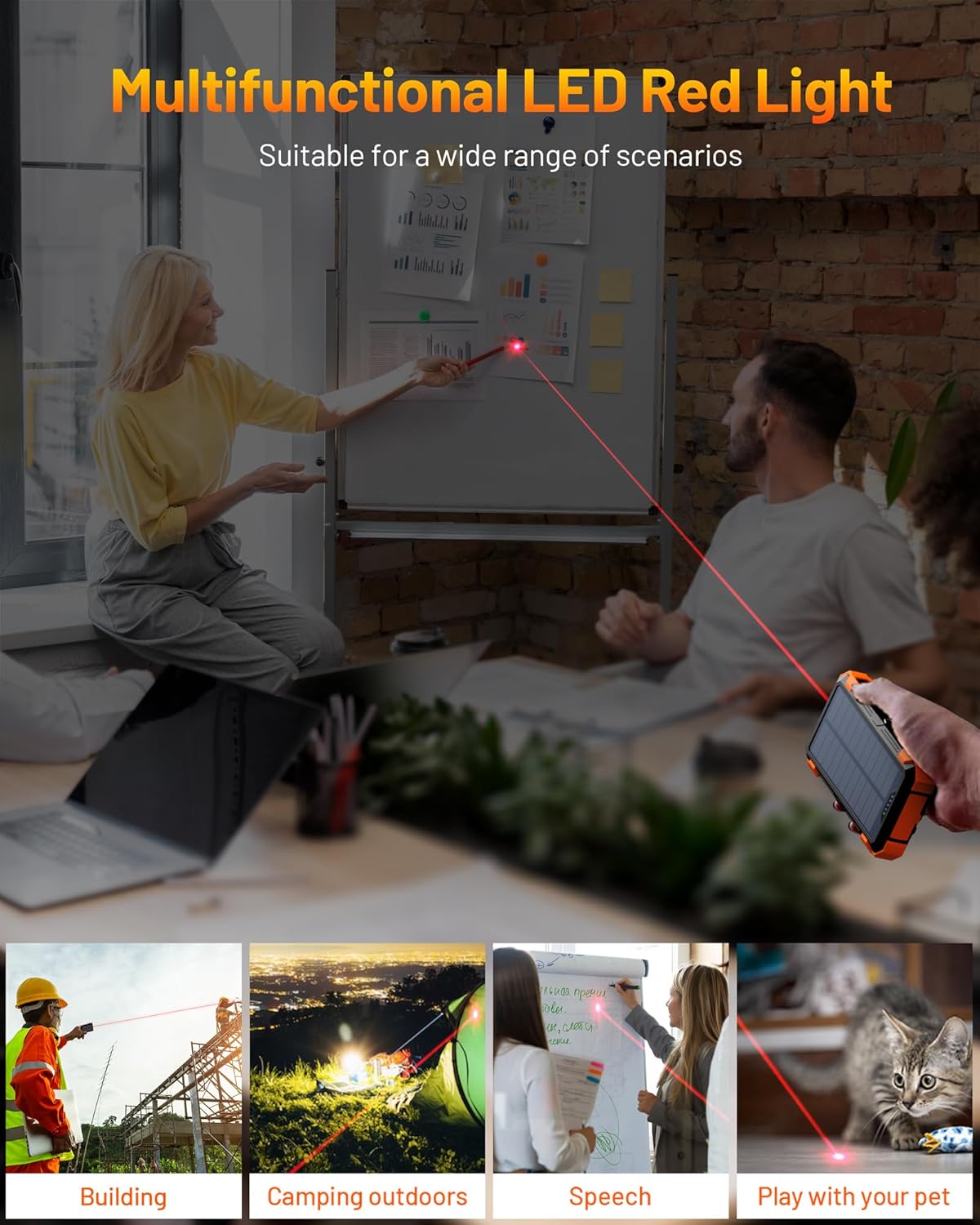 GOODaaa Solar Power Bank, 42800mAh Portable Charger 20W Fast Charging External Battery Pack Built in 4 Cables, Wireless Charging Power Bank for Apple Watches with Flashlight, Carabiner,Thermometer