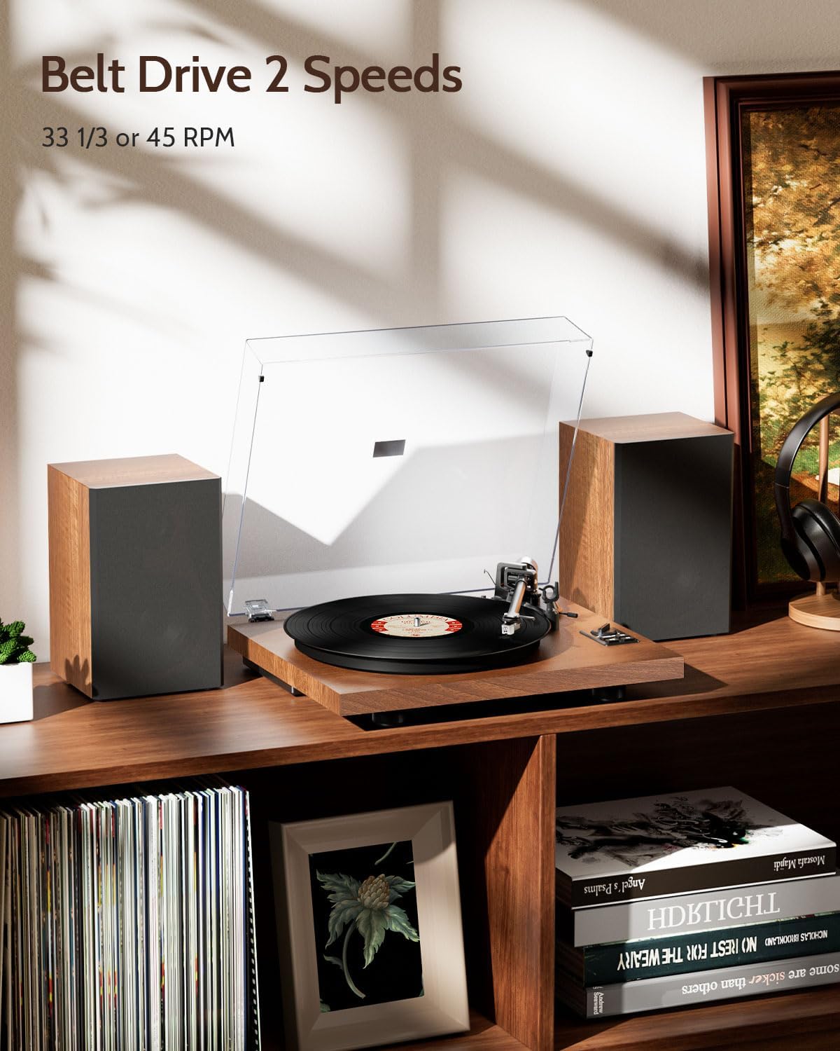 1 by ONE Bluetooth Turntable HiFi System with 36 Watt Bookshelf Speakers, Patend Designed Vinyl Record Player with Magnetic Cartridge, Bluetooth Playback and Auto Off