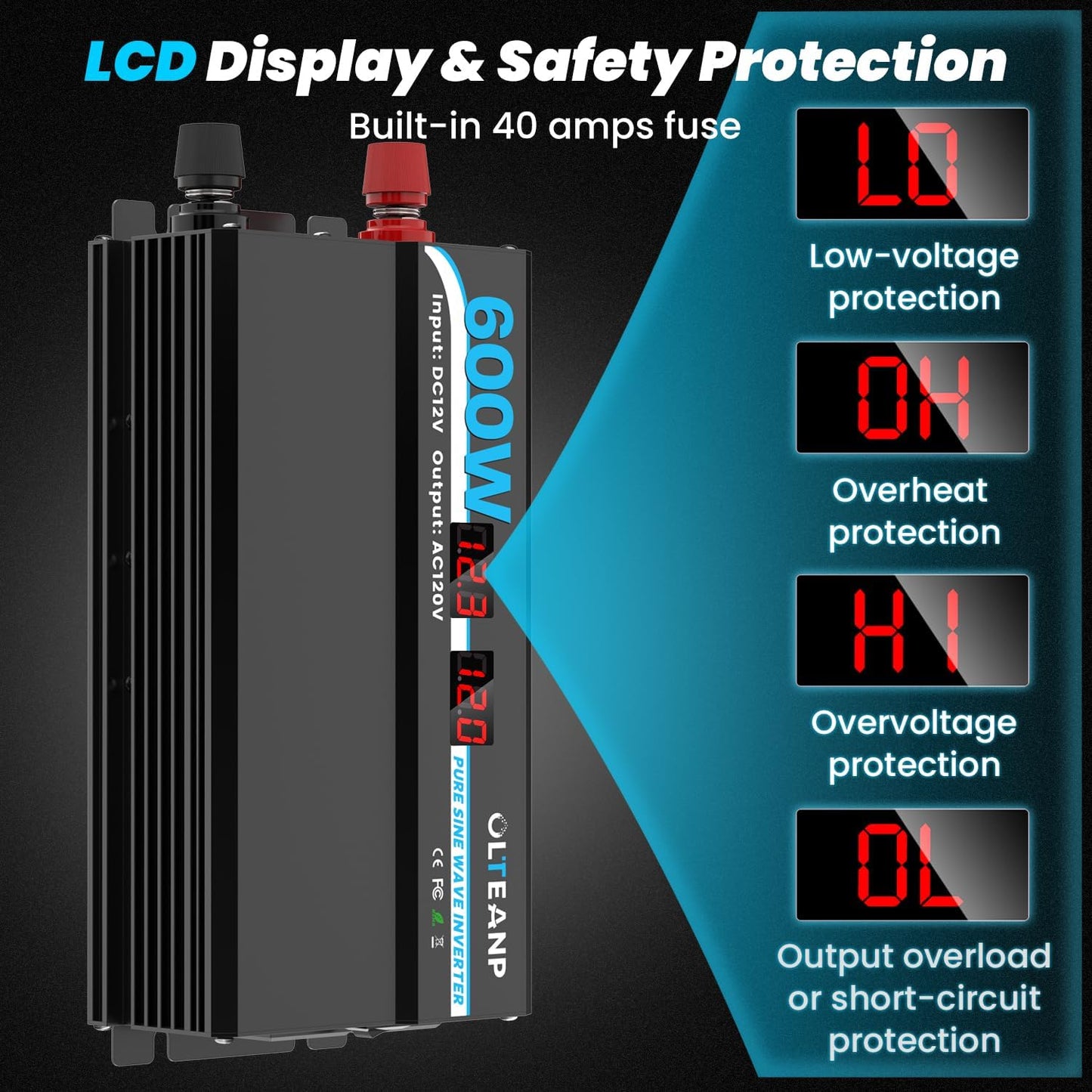 600W Power Inverter Pure Sine Wave Inverter 12V DC to 120V AC Converter for Car, Truck, Home, Vehicles, Laptop, Car Inverter 12V to 110V with 2 AC Outlets, 2 USB Ports, LCD Display