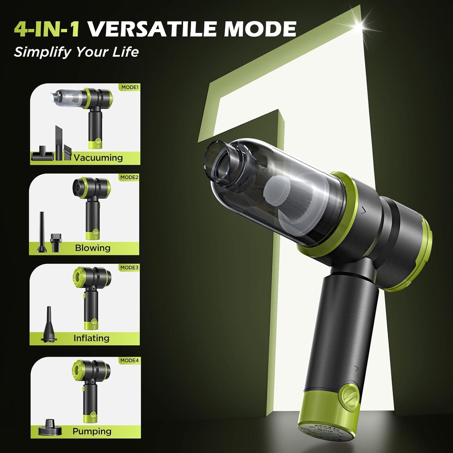 Handheld Car Vacuum with 15000PA Power, 4 in 1 Small Powerful Cordless Vacuum Cleaner & Air Duster with 2000mAh Battery, Rechargeable Portable Mini Hand Held Vacuum for Car,Home,Office,Pet Hair（Green）