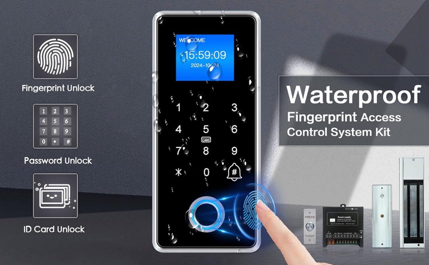 Waterproof Electric Magnetic Fingerprint Door Access Control Kit - 600 lb Holding Force, RFID Keypad/Reader, 5 ID Cards, 110V Power Supply & Metal Exit Button - Secure Lock System (K5EM-600LB KIt)