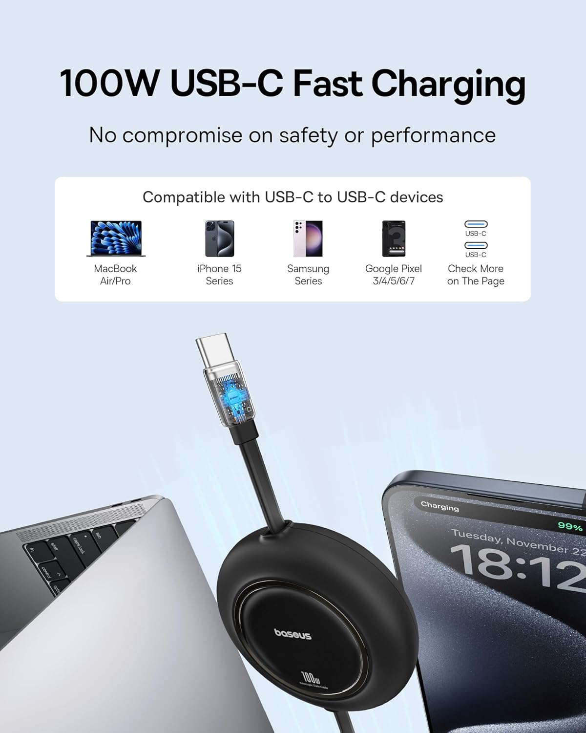 Baseus USB C to USB C Cable, 100W 6.6ft Retractable USB C Fast Charging Cable, 7-Stage Length Preset Retractable Charger Cord for iPhone 16 15 Pro Plus Pro Max, MacBook, iPad Pro, Samsung S24/S23