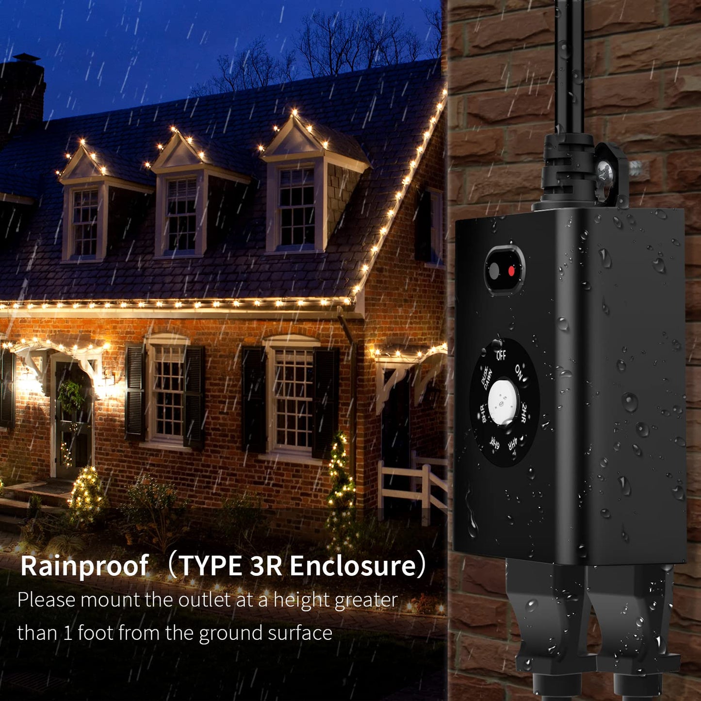 Minoston Outdoor Timer Outlet Waterproof, Dusk to Dawn Photocell Light Sensor Socket, 2/4/6/8 Hours Cutdown Timer, 2 Grounded Outlets for Christmas and Hallowen Deceration, Black(MP40T)