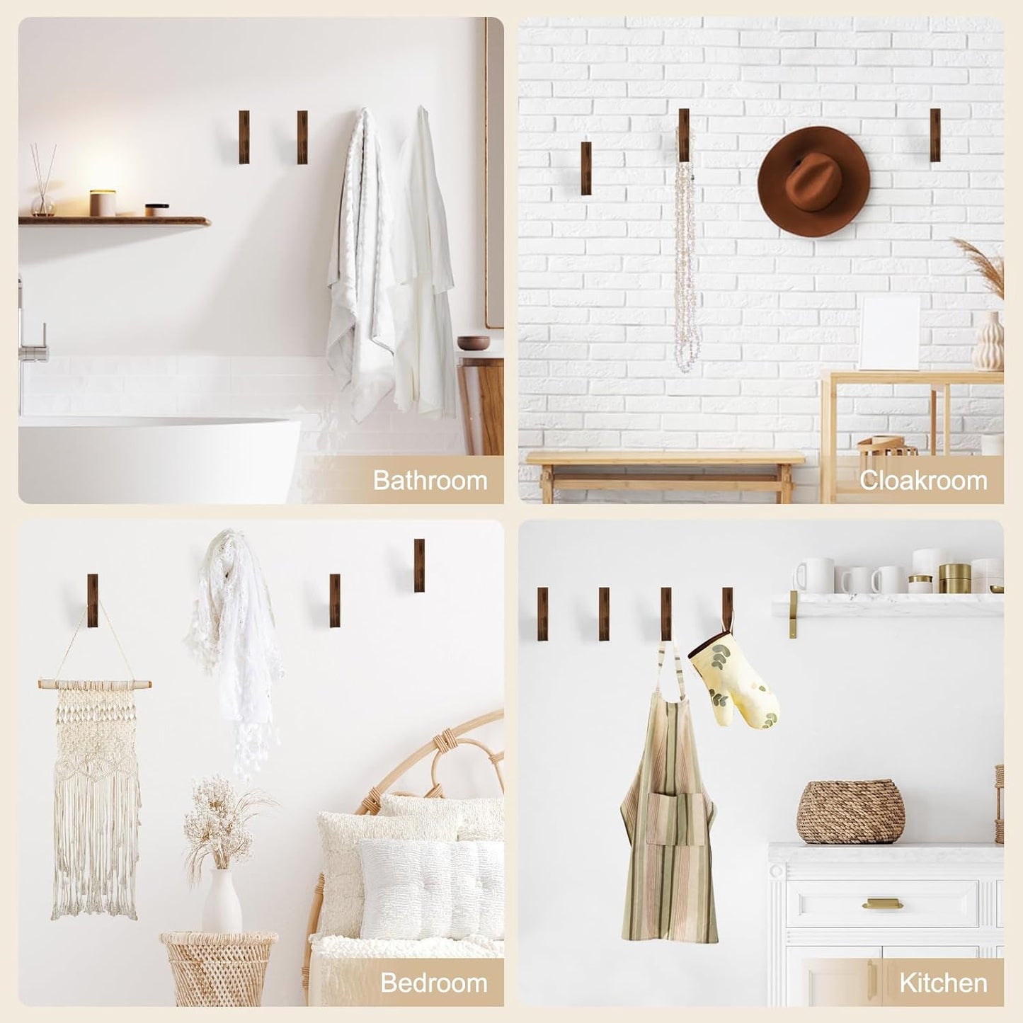 VIS'V Walnut Wall Hooks, Wall Mount Wooden Coat Hooks for Entryway Cubicle, Brown, 4 Pcs