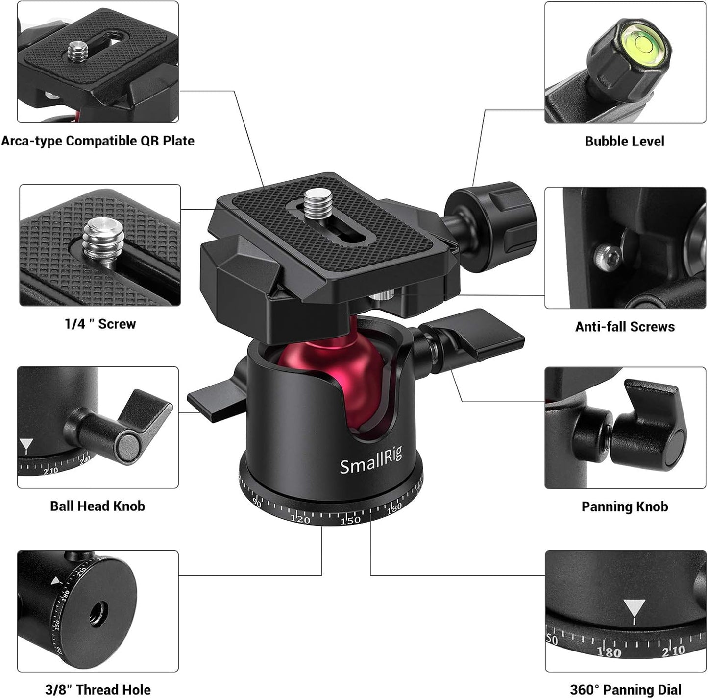 SmallRig Mini Ball Head, Tripod Head Camera 360° Panoramic with 1/4" Screw 3/8" Thread Mount and Quick Release Plate Metal Ball Joint for Monopod, DSLR, Phone, Gopro, Max Load 4.4lbs/2kg - BUT2665