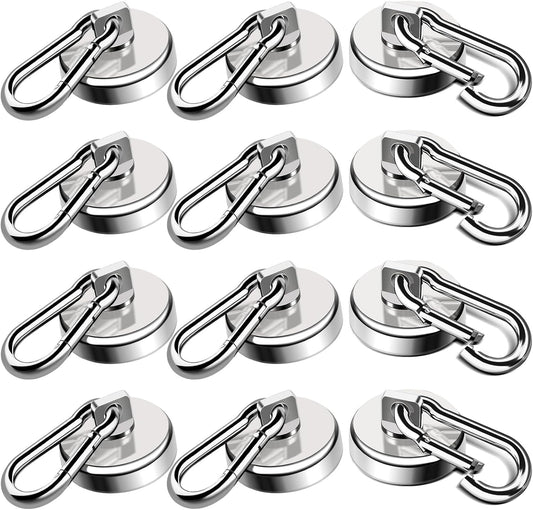 LOVIMAG Strong Magnetic Hooks, 70LBS Heavy Duty Magnet Hooks Strong Neodymium Magnets with Carabiner Hook, Hook Magnets with Swivel for Hanging, Cruise, Grill, Kitchen, Refrigerator - 12 Pack