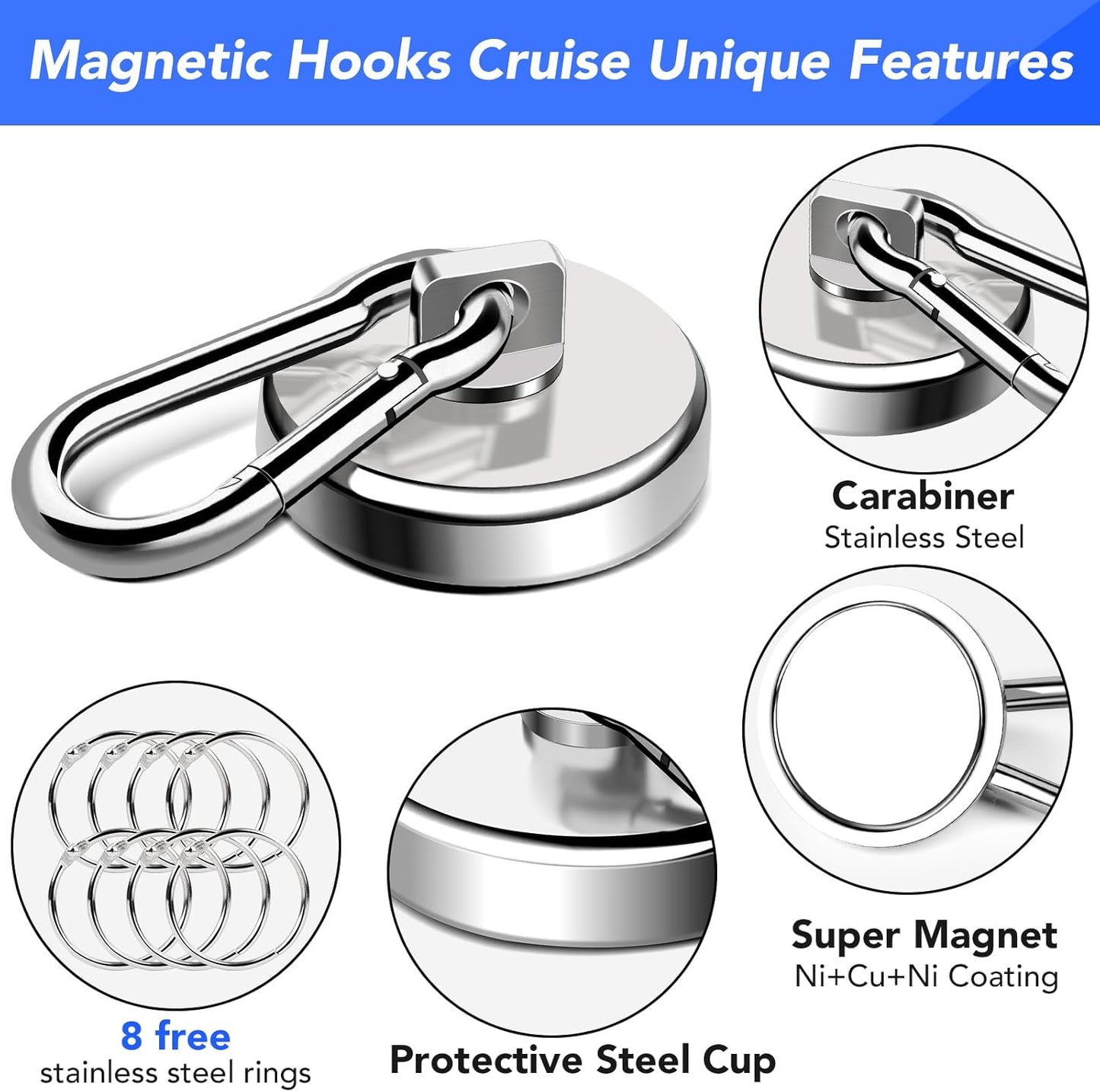 LOVIMAG Magnetic Hooks Heavy Duty, 110LBS Strong Magnetic Hooks Neodymium Magnets with Carabiner Hook, Magnet Hooks with Swivel for Grill, Hangning, Cruise, Kitchen, Garage, Refrigerator (8 Pack)