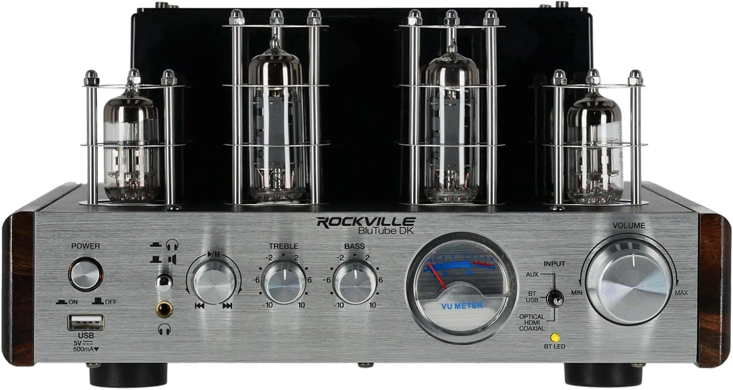 Rockville BluTube DK Audiophile Tube Amplifier with Bluetooth, 35Wx2 RMS @ 4 Ohm, HDMI/Optical/Coaxial Inputs, Sub Output, USB, RCA, VU Meter, Headphone Out