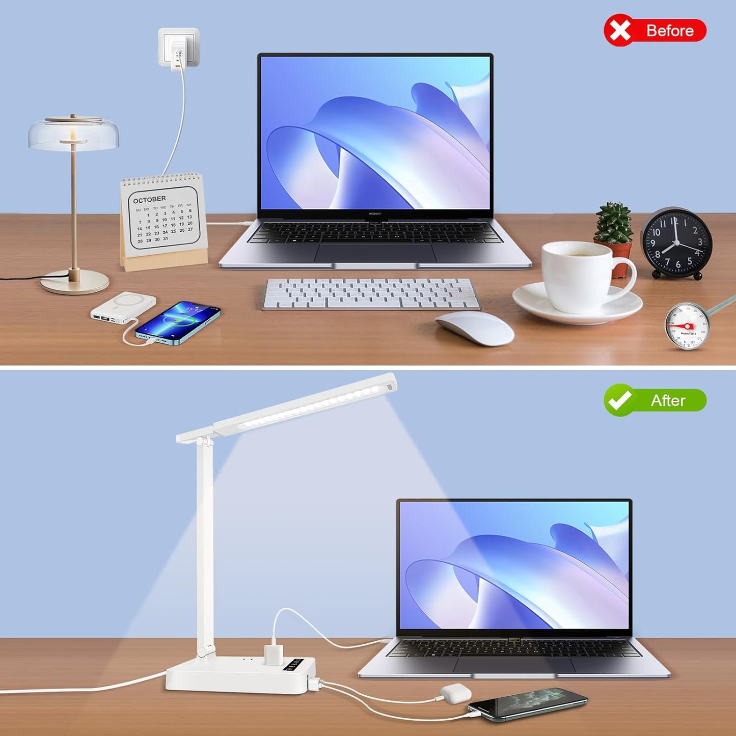 Desk Lamp with 4-Port Charging Station (2 AC Outlets, USB-C, USB-A), 5 Color Modes & Adjustable Brightness, Flexible Gooseneck Arm, Eye-Protecting LED Light Source, Ideal for Home Offices & Bedrooms