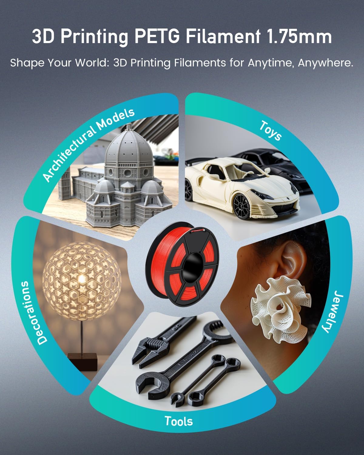 SUNLU 3D Printer Filament PETG Filament 1.75mm, Less Stringing Good Layer Adhesion High Toughness, PETG Filament 1.75 ±0.02mm, 1kg Spool(2.2lbs), Silver