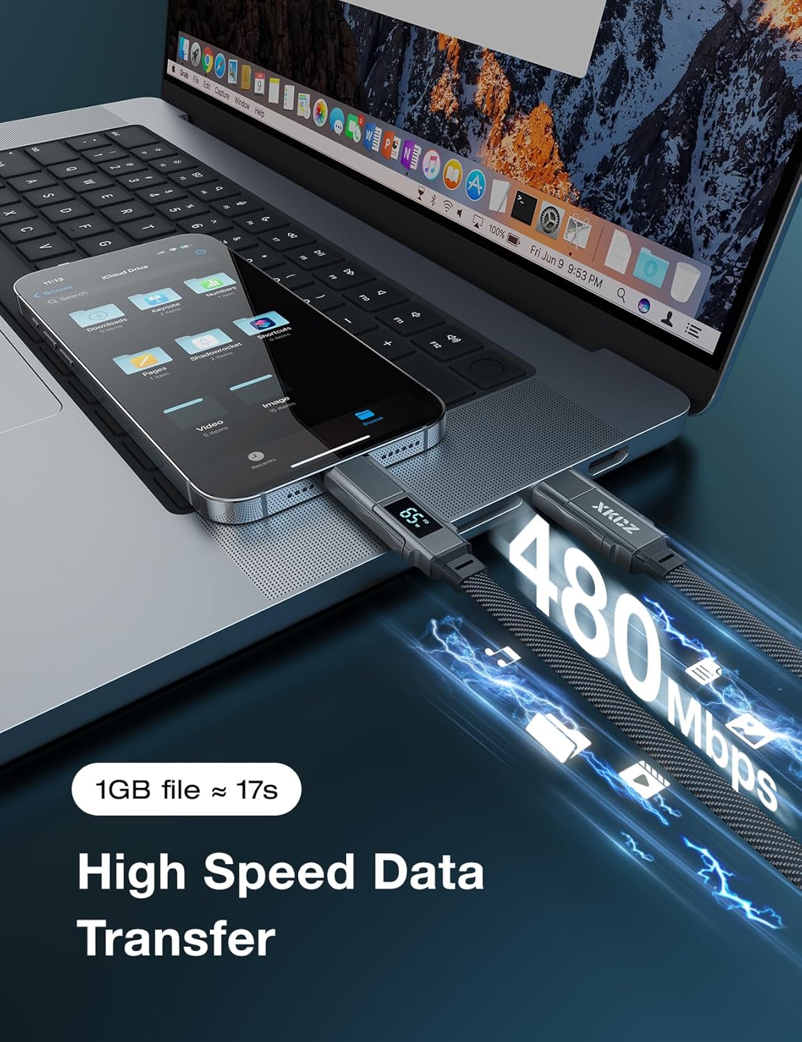 4 in 1 USB C Cable with Wattage Display, 65W Flat Nylon Braided Multi Charge Cable with Data Sync, USB C Charging Cord Combo Type C/USB A/L Port for iPhone/iPad/Samsung/Laptop, 5FT