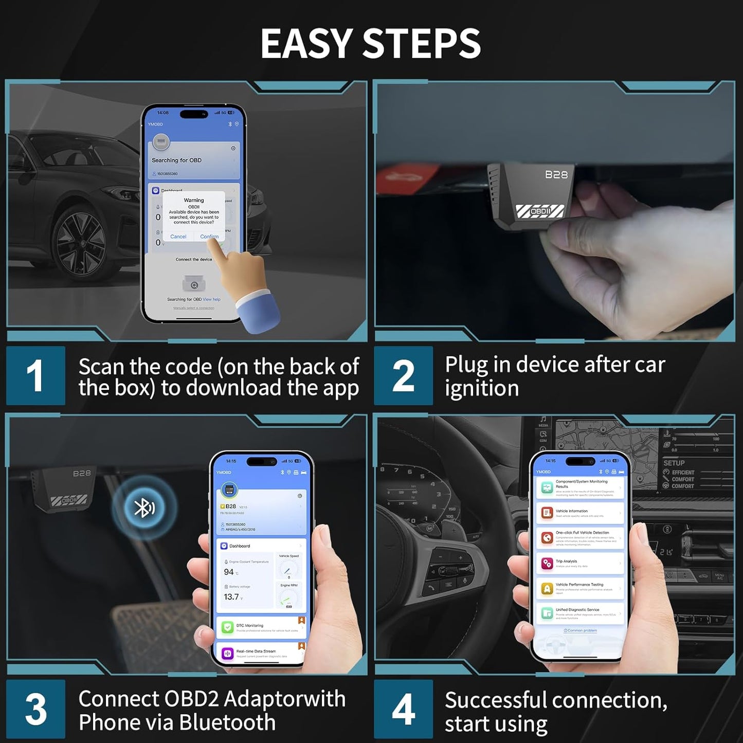 OBD2 Scanner for Car Bluetooth 5.4 - Codes can be Read and Cleared Quickly with Android and iOS Compatible - Diagnosis of The vehicle's Engine, ABS, SRS, airbags and More Than 35,000 Problems