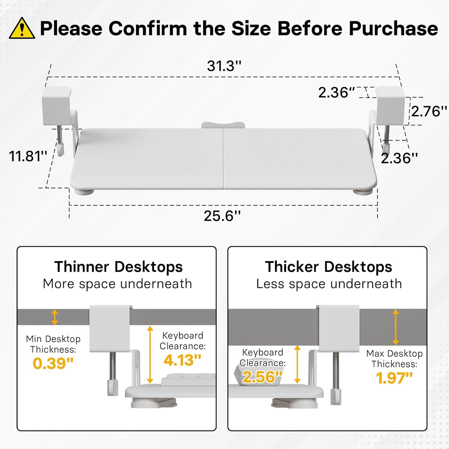 BONTEC KMT01 Under Desk Keyboard Tray, Pull-Out Keyboard & Mouse Platform with C-Clamp, 25.6 x 11.8 in Space-Saving Ergonomic Slide-Out Drawer, White