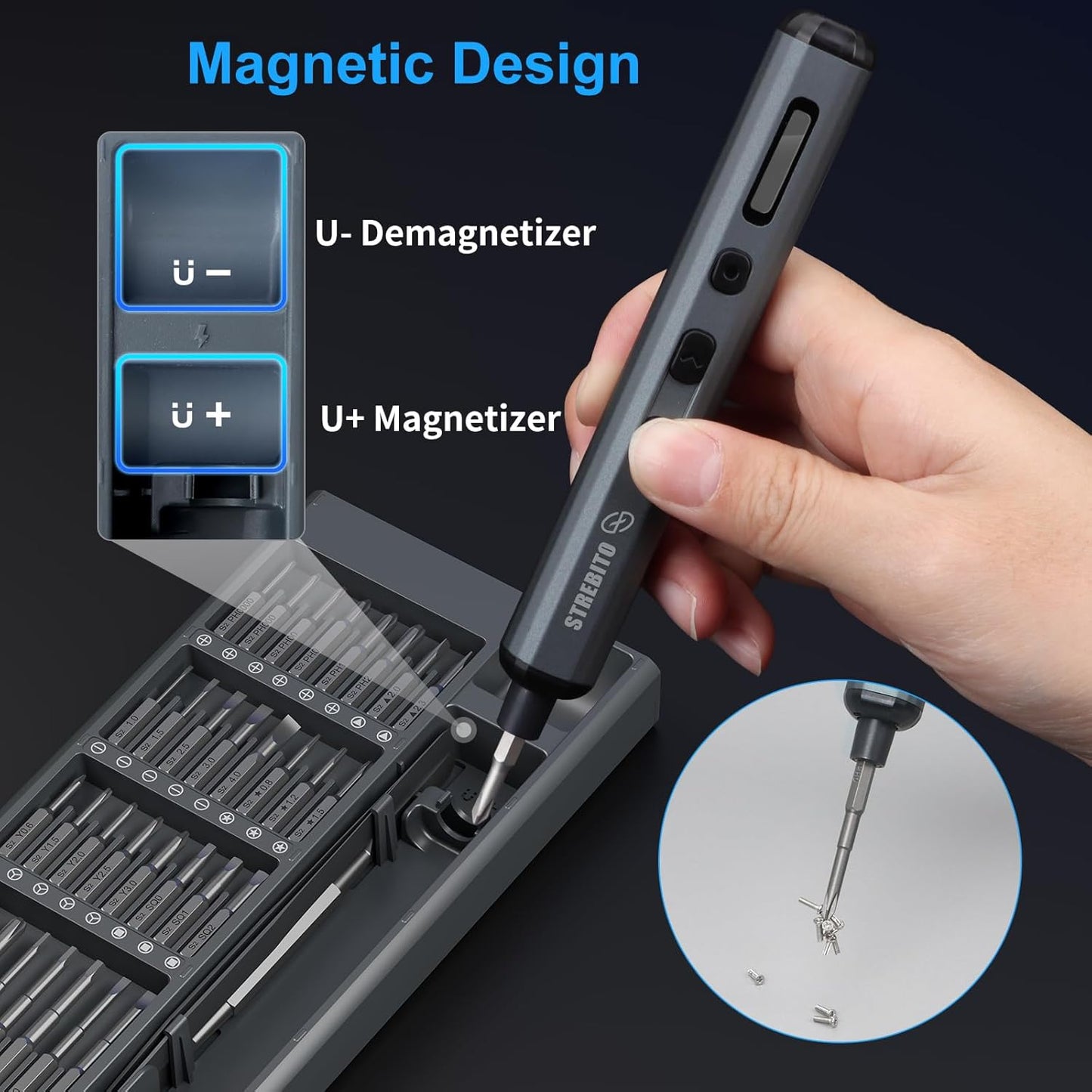 STREBITO Mini Electric Screwdriver Set, 70-in-1 Max Precision Electric Screwdriver Kit with Lights, 5 Upgraded Torque Levels, 64 Magnetic Bits, Electric Screwdriver Cordless for PC RC Electronics