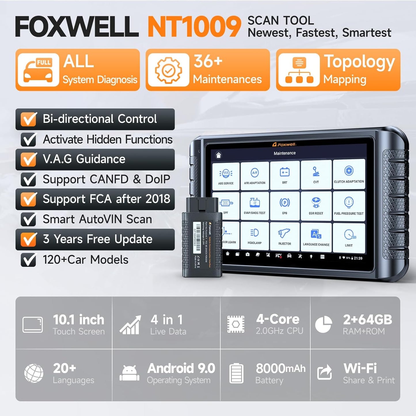 FOXWELL NT1009 All-System Bi-Directional Scan Tool with All Reset Services, Topology Mapping, V.A.G Guide & FCA SGW Support, CAN-FD DoIP Diagnostic Scanner for All Cars, 3-Year Free Updates