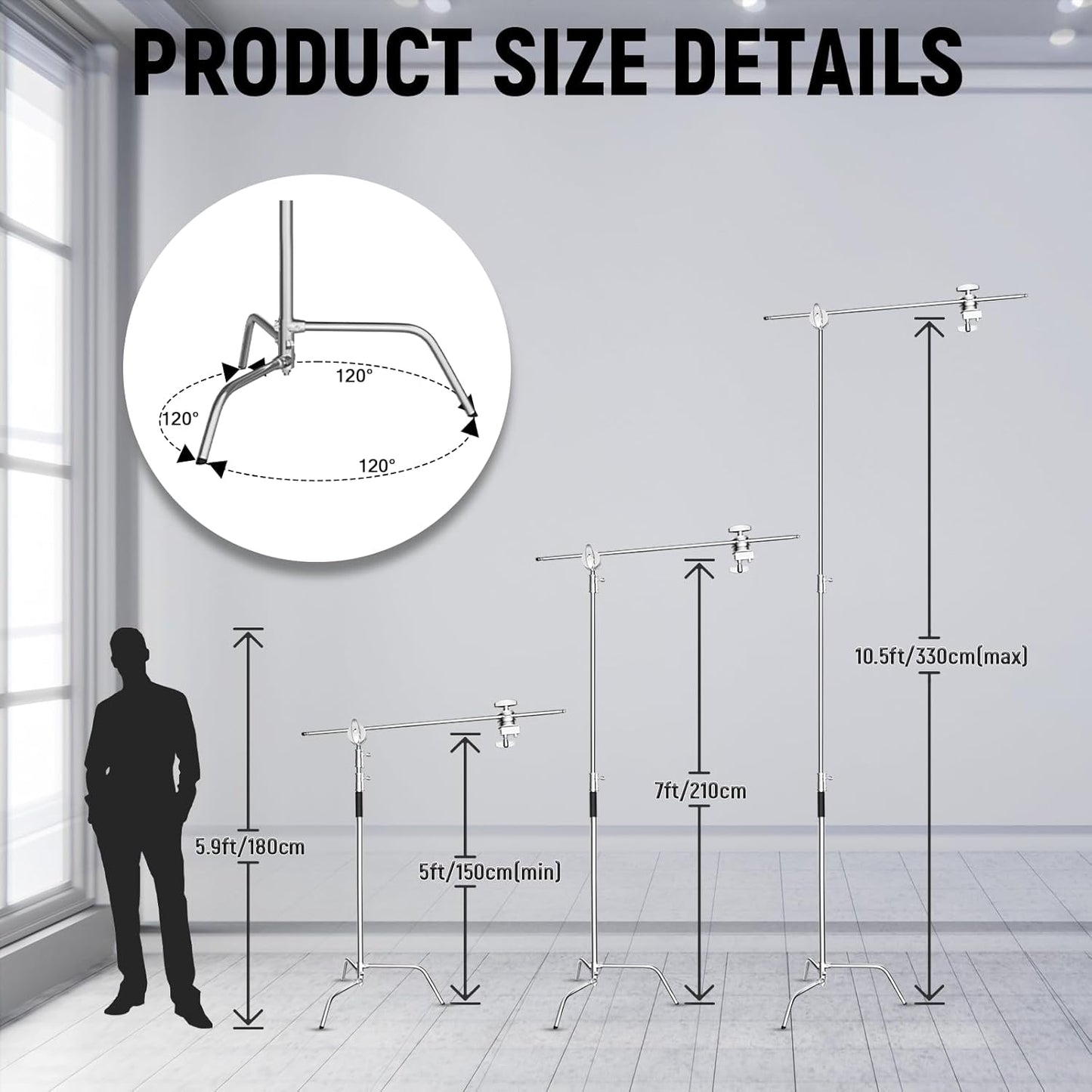 C Stand with Boom Arm Professional Heavy Duty Light Stand with 10.8ft Vertical Pole, C-Stand with 4.2ft Boom Arm, Adjustable Base for Studio Equipment